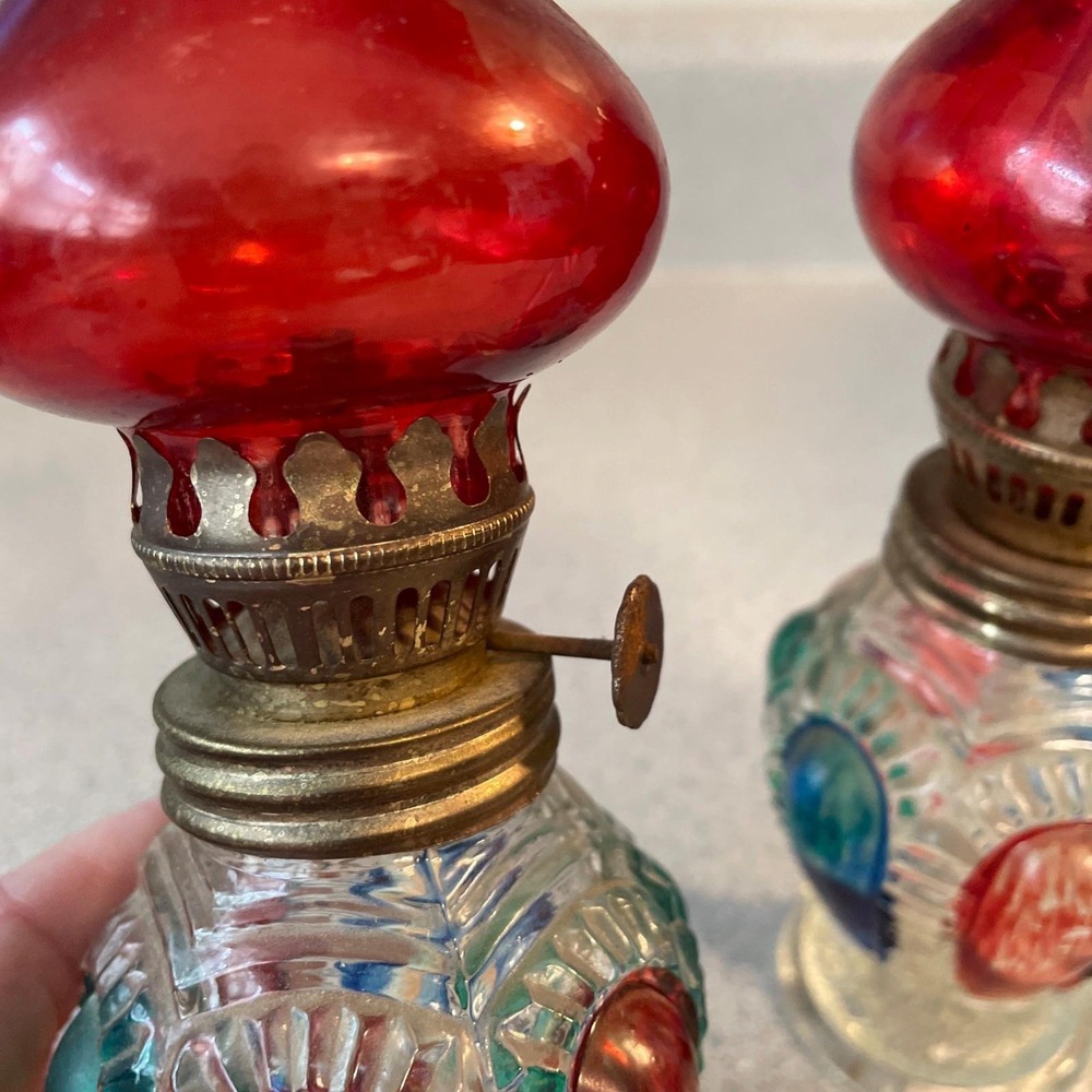 Pair of Vintage Mini Glass Oil Lamps Red Cranberry Chimney Hand Painted Pair - Picture 7 of 13